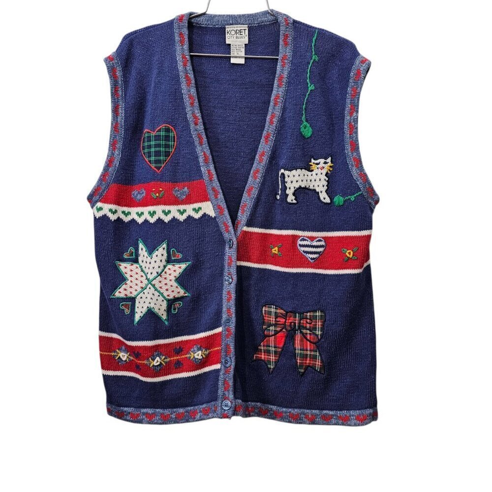 Koret City Blues Vintage Knit Cotton Blend V Neck Cat Bow Blue Sweater Vest